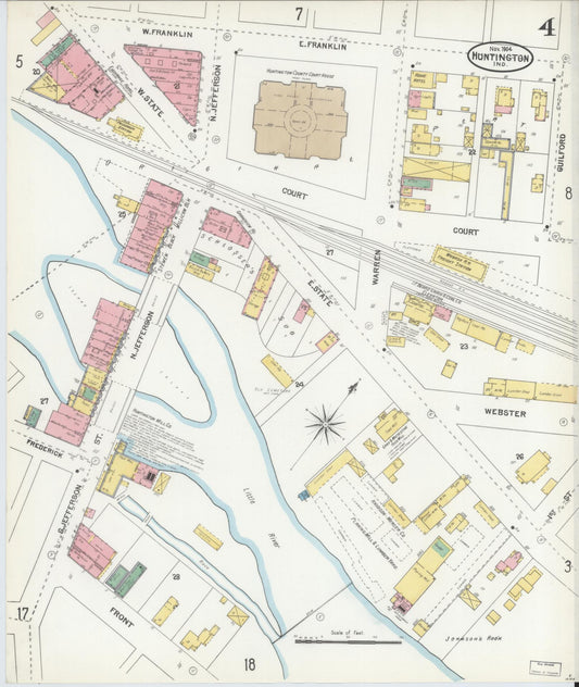 Sanborn Fire Insurance Map from Huntington, Huntington County, Indiana (1904), Sheet #0004 - Historic Sanborn Fire Insurance Map Print, vintage old map wall art, antique decor, genealogy gift, Indiana Indiana map