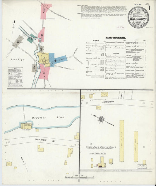 Sanborn Fire Insurance Map from Waldoboro, Lincoln County, Maine (1912), Sheet #0001 - Historic Sanborn Fire Insurance Map Print, vintage old map wall art, antique decor, genealogy gift, Maine Maine map
