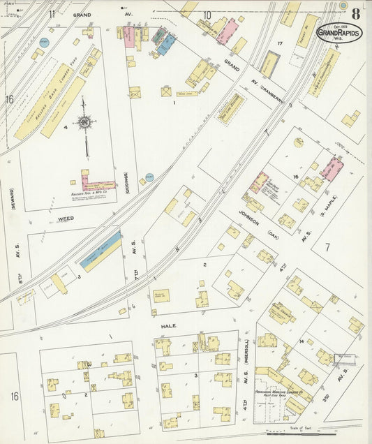 Sanborn Fire Insurance Map from Grand Rapids, Wood County, Wisconsin (1909), Sheet #0008 - Historic Sanborn Fire Insurance Map Print, vintage old map wall art, antique decor, genealogy gift, Wisconsin Wisconsin map