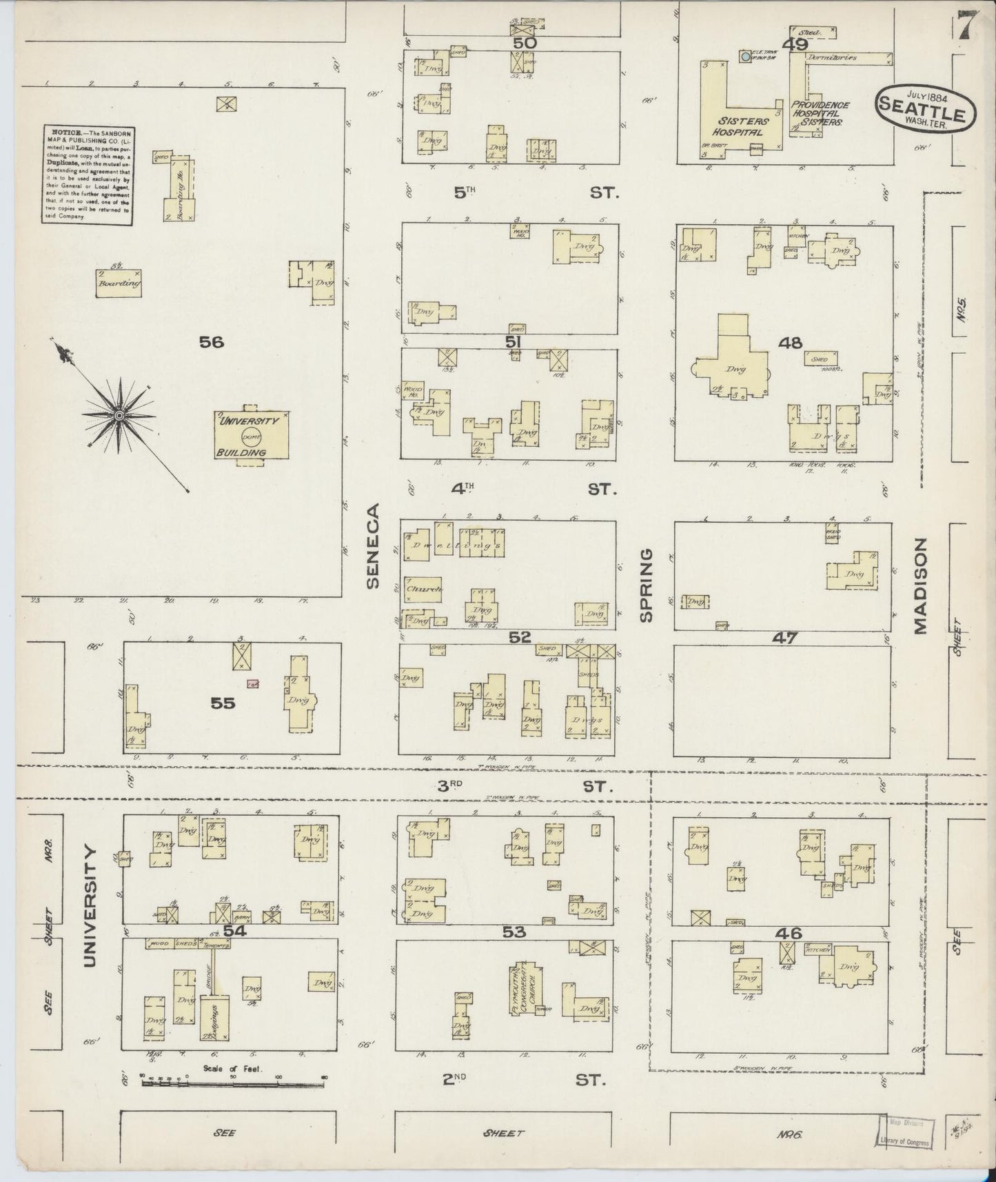 Sanborn Fire Insurance Map from Seattle, King County, Washington (1884), Sheet #0007 - Complete Map Set gallery image, historic Sanborn map, vintage wall art, Washington Washington