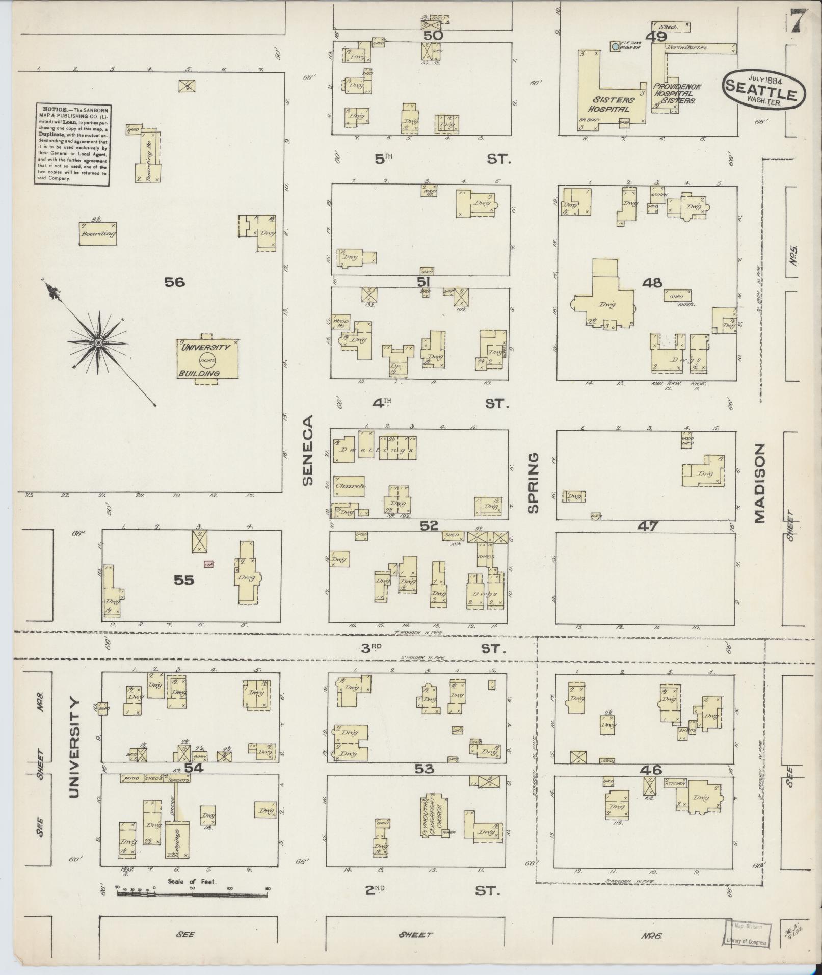 Sanborn Fire Insurance Map from Seattle, King County, Washington (1884), Sheet #0007 - Complete Map Set gallery image, historic Sanborn map, vintage wall art, Washington Washington
