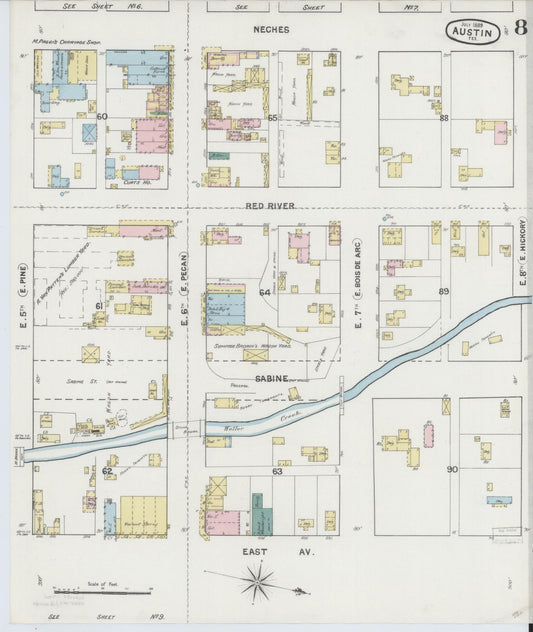 Sanborn Fire Insurance Map from Austin, Travis County, Texas (1889), Sheet #0008 - Historic Sanborn Fire Insurance Map Print, vintage old map wall art, antique decor, genealogy gift, Texas Texas map