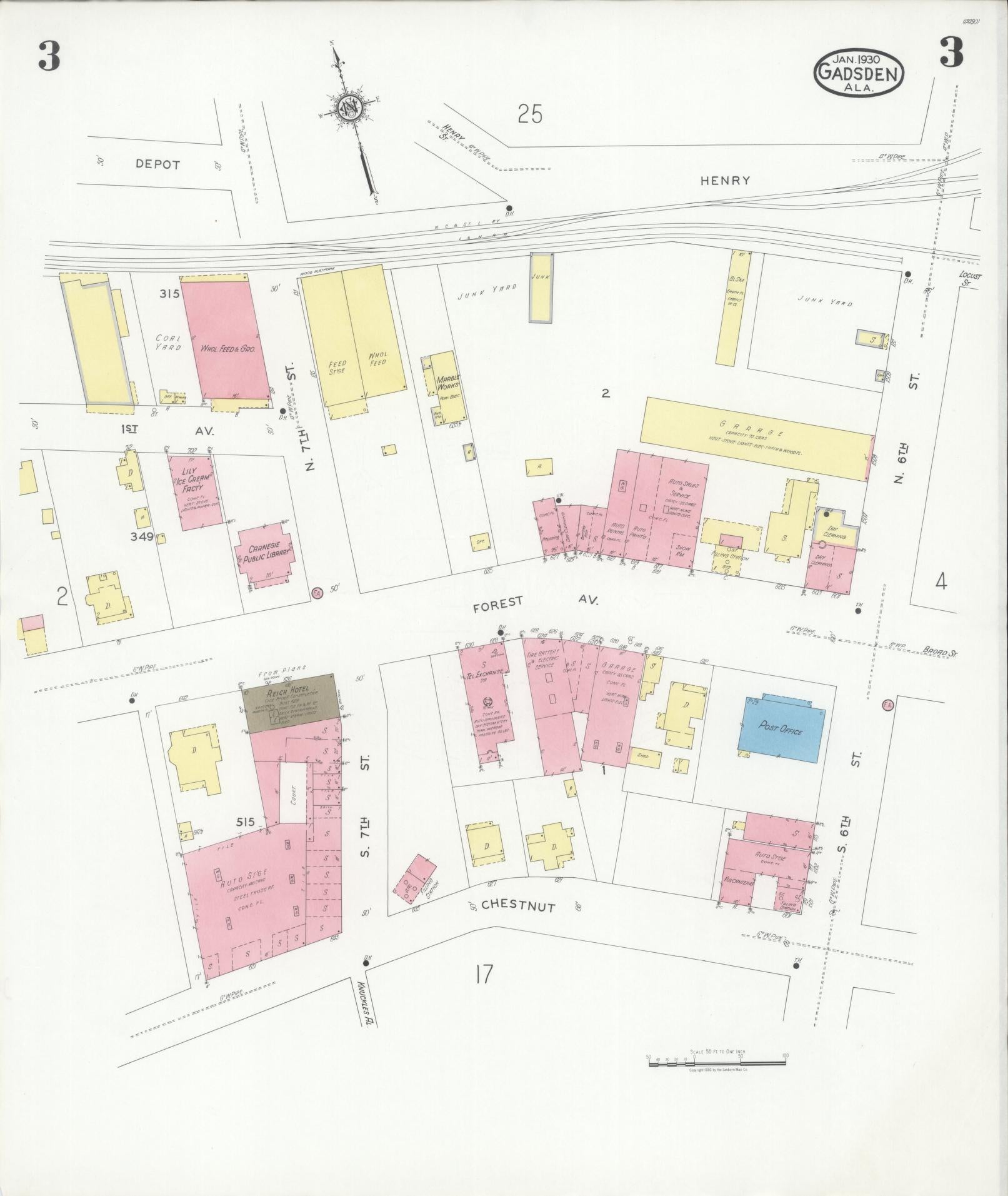 Sanborn Fire Insurance Map from Gadsden, Etowah County, Alabama (1930), Sheet #0003 - Historic Sanborn Fire Insurance Map Print, vintage old map wall art, antique decor, genealogy gift, Alabama Alabama map