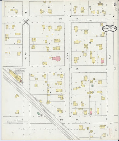 Sanborn Fire Insurance Map from Sauk Centre, Stearns County, Minnesota (1895), Sheet #0005 - Historic Sanborn Fire Insurance Map Print, vintage old map wall art, antique decor, genealogy gift, Minnesota Minnesota map