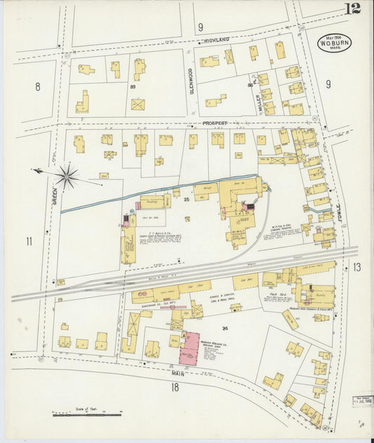Sanborn Fire Insurance Map from Woburn, Middlesex County, Massachusetts (1904), Sheet #0012 - Historic Sanborn Fire Insurance Map Print, vintage old map wall art, antique decor, genealogy gift, Massachusetts Massachusetts map