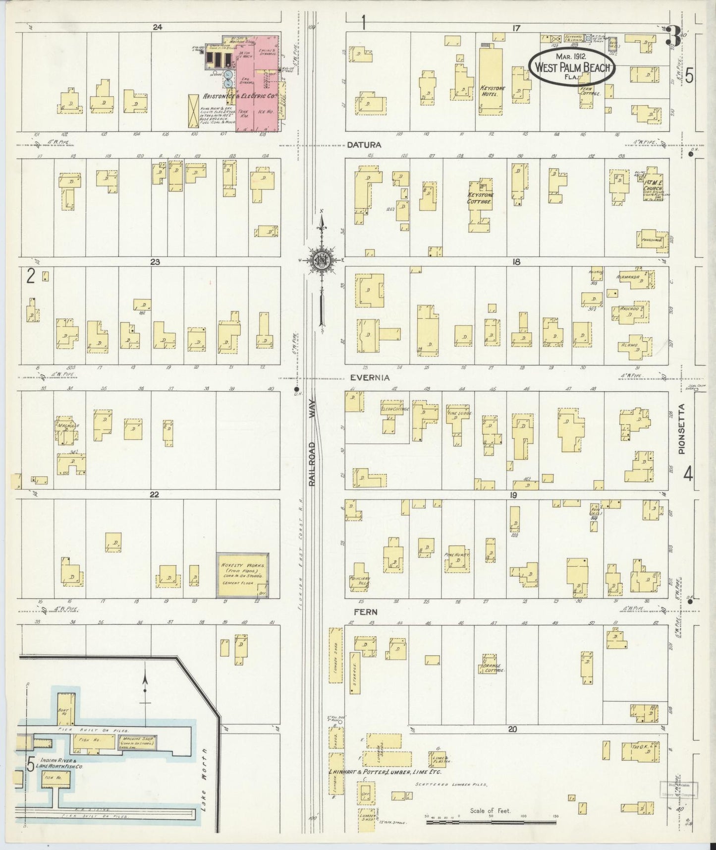 Sanborn Fire Insurance Map from West Palm Beach, Dade County, Florida (1912), Sheet #0003 - Complete Map Set gallery image, historic Sanborn map, vintage wall art, Florida Florida