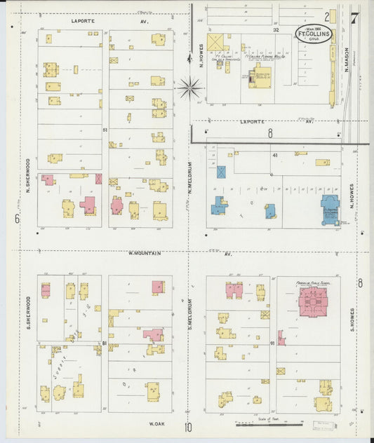 Sanborn Fire Insurance Map from Fort Collins, Larimer County, Colorado (1906), Sheet #0007 - Historic Sanborn Fire Insurance Map Print, vintage old map wall art, antique decor, genealogy gift, Colorado Colorado map