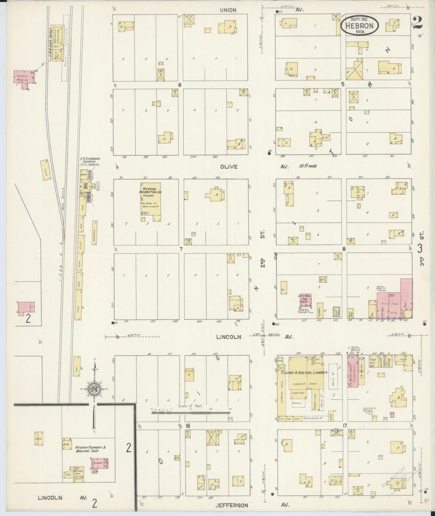 Sanborn Fire Insurance Map from Hebron, Thayer County, Nebraska (1912), Sheet #0002 - Historic Sanborn Fire Insurance Map Print, vintage old map wall art, antique decor, genealogy gift, Nebraska Nebraska map