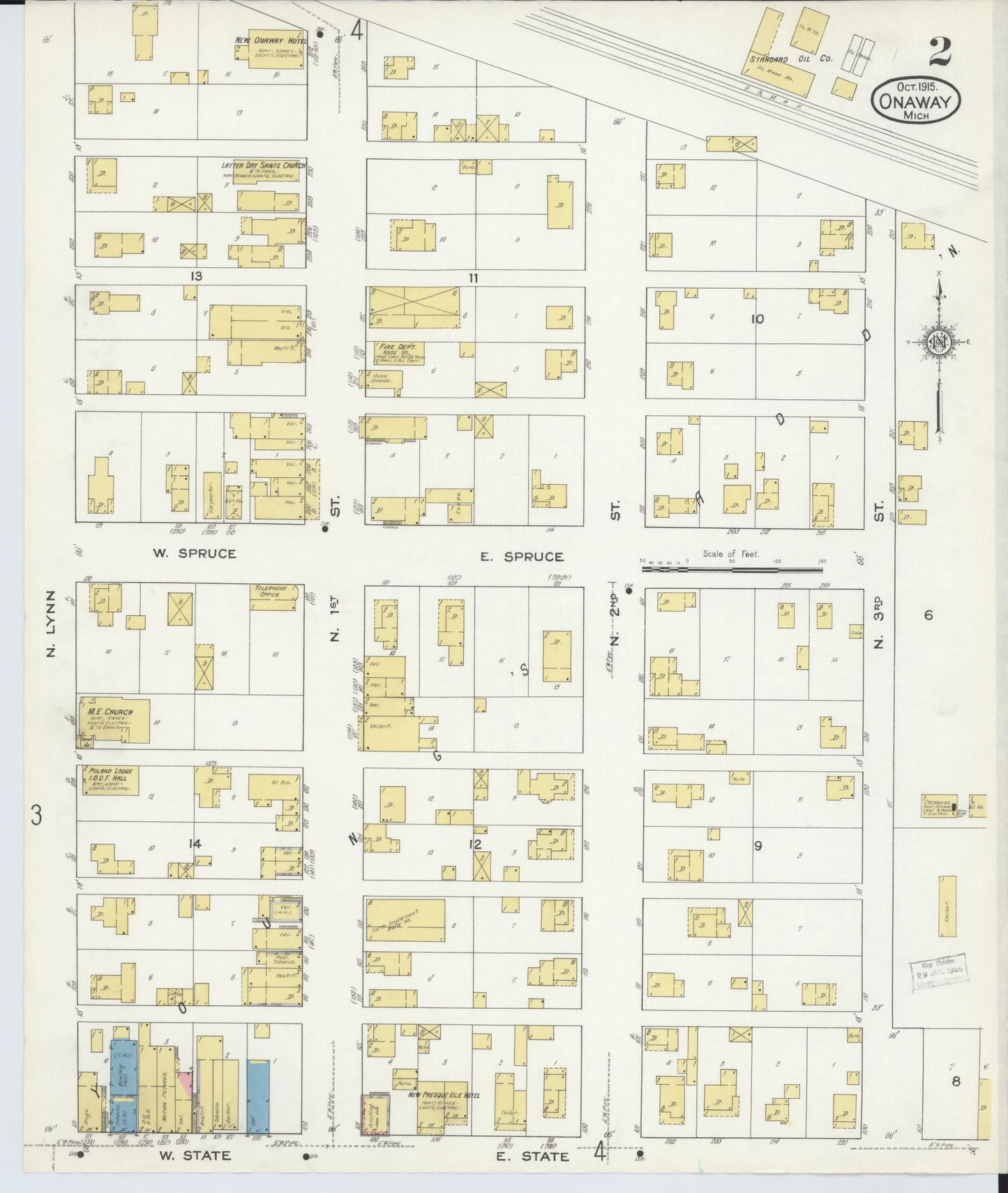 Sanborn Fire Insurance Map from Onaway, Presque Isle County, Michigan (1915), Sheet #0002 - Complete Map Set gallery image, historic Sanborn map, vintage wall art, Michigan Michigan