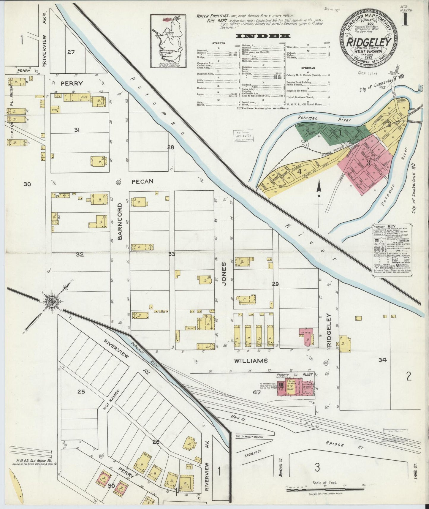 Sanborn Fire Insurance Map from Ridgeley, Mineral County, West Virginia (1921), Sheet #0001 - Complete Map Set gallery image, historic Sanborn map, vintage wall art, West Virginia West Virginia