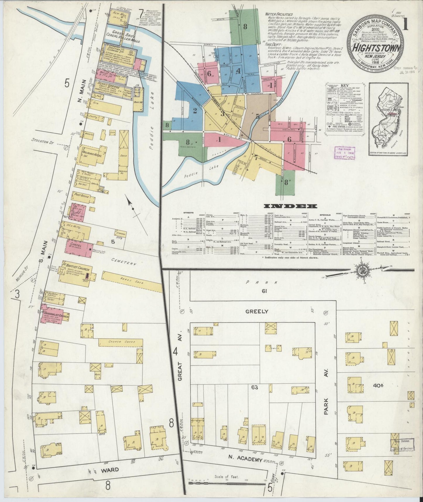 Sanborn Fire Insurance Map from Hightstown, Mercer County, New Jersey (1916), Sheet #0001 - Historic Sanborn Fire Insurance Map Print, vintage old map wall art, antique decor, genealogy gift, New Jersey New Jersey map