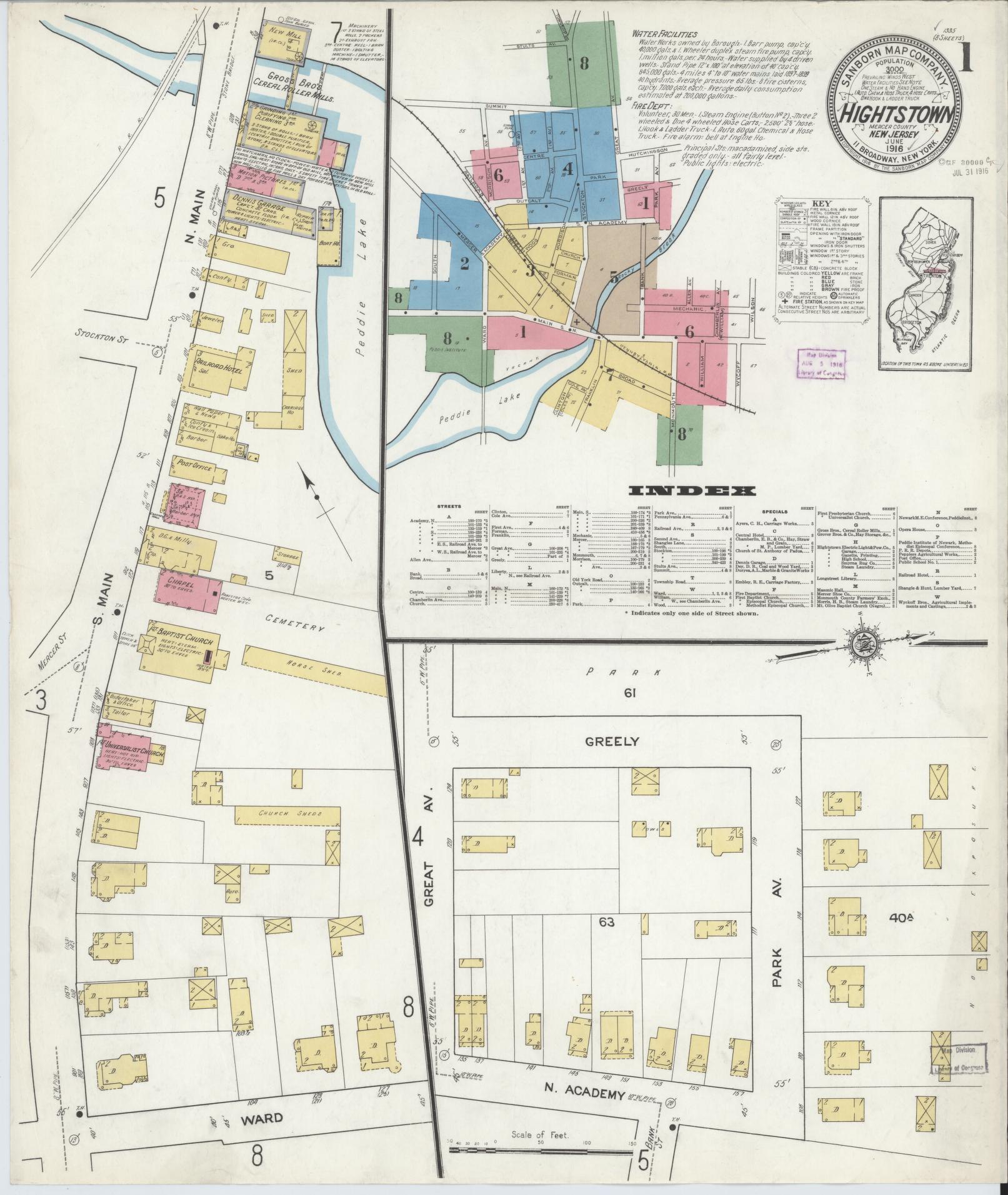 Sanborn Fire Insurance Map from Hightstown, Mercer County, New Jersey (1916), Sheet #0001 - Historic Sanborn Fire Insurance Map Print, vintage old map wall art, antique decor, genealogy gift, New Jersey New Jersey map