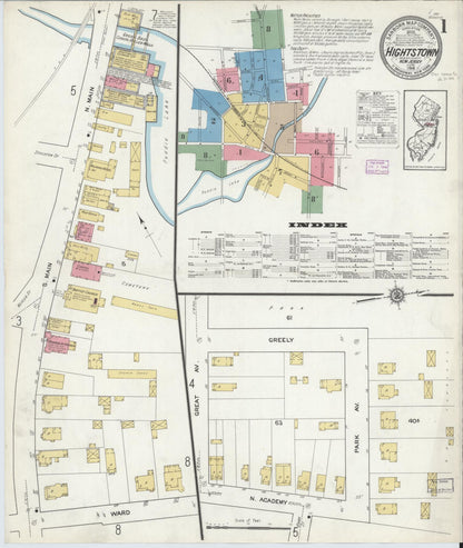 Sanborn Fire Insurance Map from Hightstown, Mercer County, New Jersey (1916), Sheet #0001 - Historic Sanborn Fire Insurance Map Print, vintage old map wall art, antique decor, genealogy gift, New Jersey New Jersey map