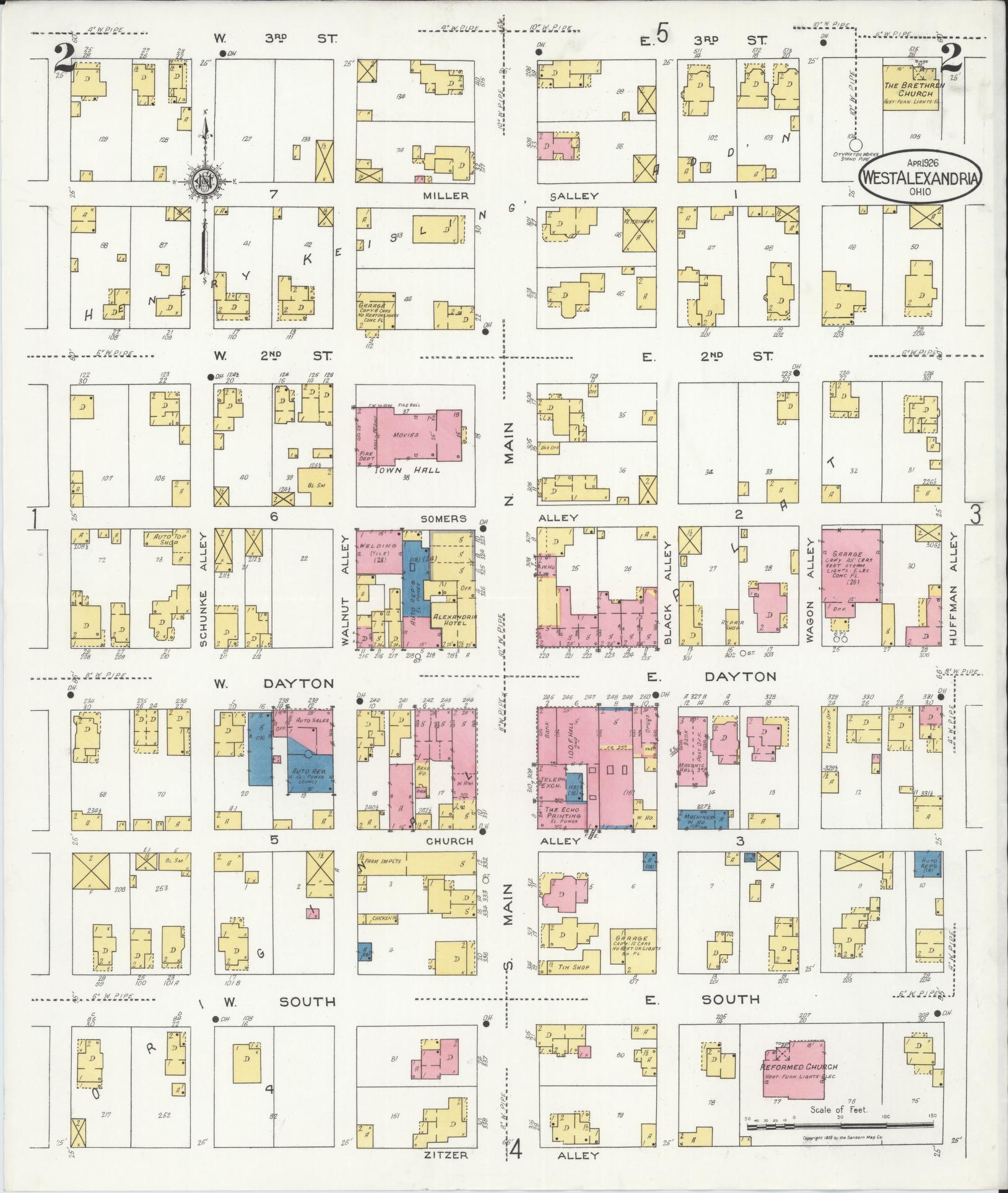 Sanborn Fire Insurance Map from West Alexandria, Preble County, Ohio (1926), Sheet #0002 - Historic Sanborn Fire Insurance Map Print, vintage old map wall art, antique decor, genealogy gift, Ohio Ohio map