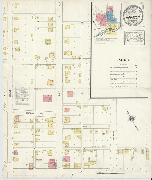 Sanborn Fire Insurance Map from Houston, Washington County, Pennsylvania (1913), Sheet #0001 - Historic Sanborn Fire Insurance Map Print, vintage old map wall art, antique decor, genealogy gift, Pennsylvania Pennsylvania map