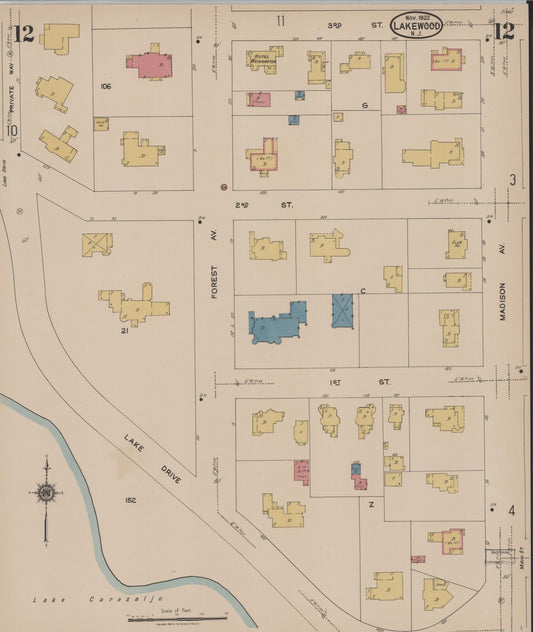Sanborn Fire Insurance Map from Lakewood, Ocean County, New Jersey (1922), Sheet #0012 - Historic Sanborn Fire Insurance Map Print, vintage old map wall art, antique decor, genealogy gift, New Jersey New Jersey map