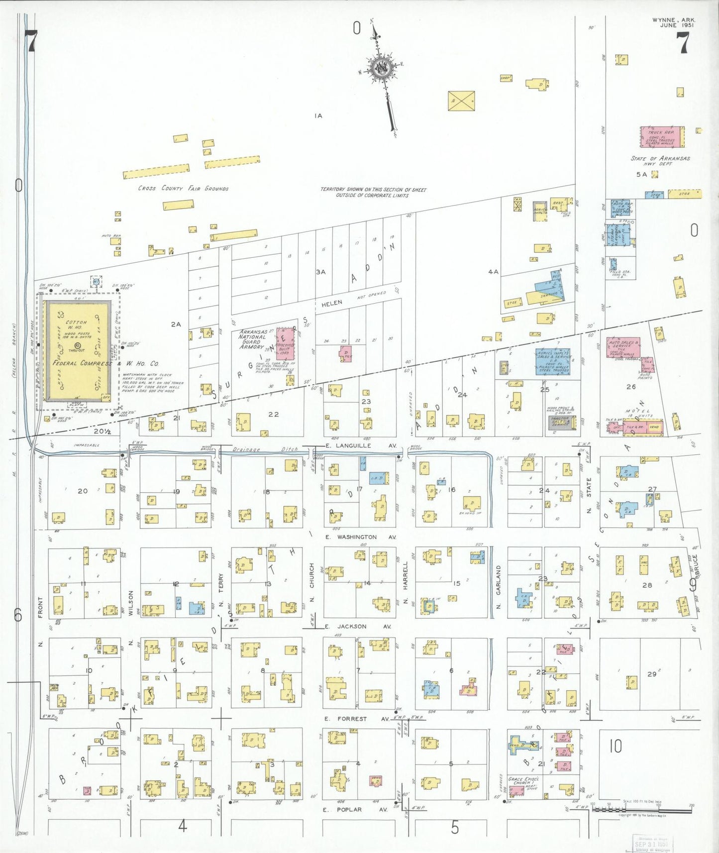 Sanborn Fire Insurance Map from Wynne, Cross County, Arkansas (1951), Sheet #0007 - Complete Map Set gallery image, historic Sanborn map, vintage wall art, Arkansas Arkansas
