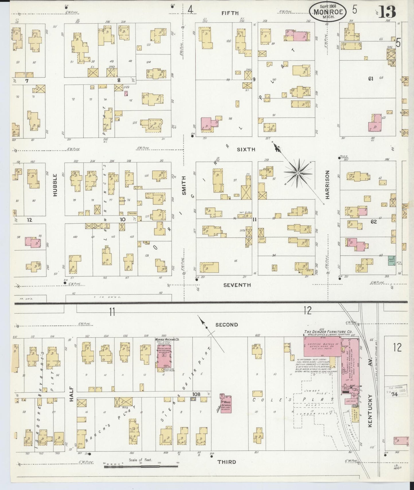 Sanborn Fire Insurance Map from Monroe, Monroe County, Michigan (1908), Sheet #0013 - Complete Map Set gallery image, historic Sanborn map, vintage wall art, Michigan Michigan