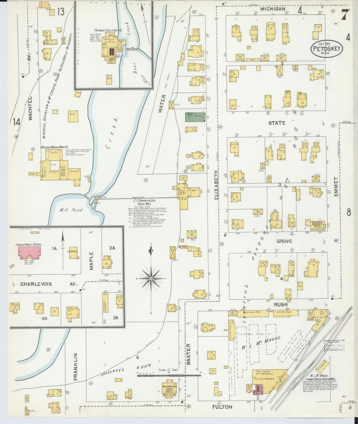 Sanborn Fire Insurance Map from Petoskey, Emmet County, Michigan (1901), Sheet #0007 - Historic Sanborn Fire Insurance Map Print, vintage old map wall art, antique decor, genealogy gift, Michigan Michigan map