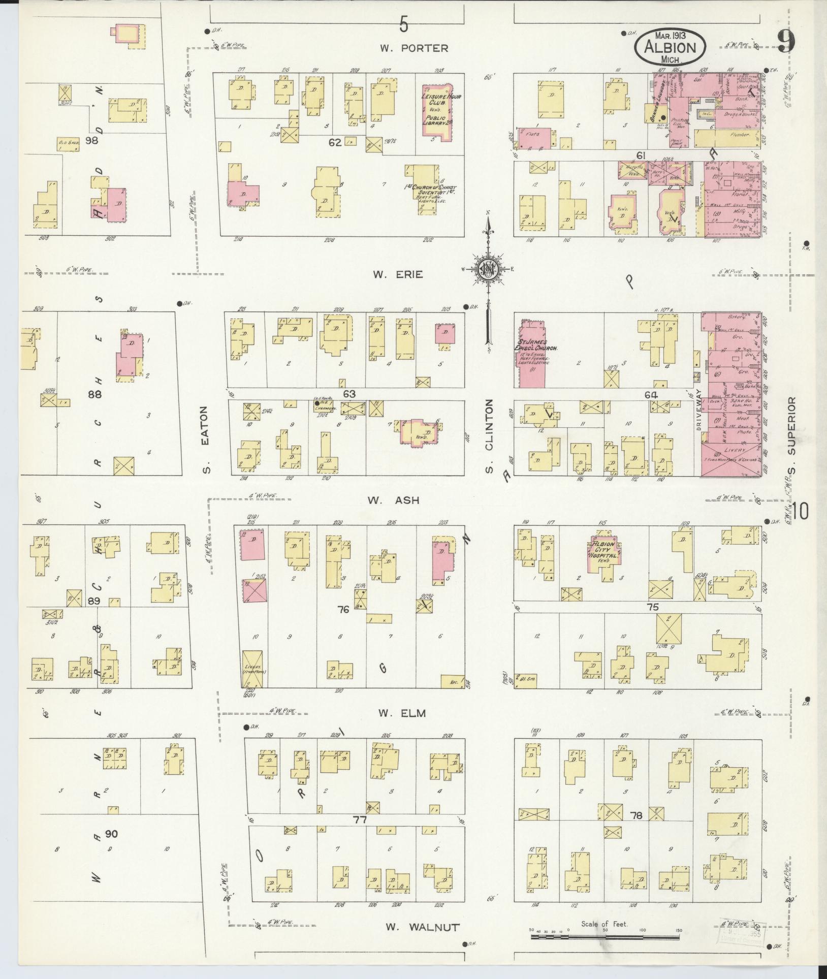 Sanborn Fire Insurance Map from Albion, Calhoun County, Michigan (1913), Sheet #0009 - Historic Sanborn Fire Insurance Map Print, vintage old map wall art, antique decor, genealogy gift, Michigan Michigan map