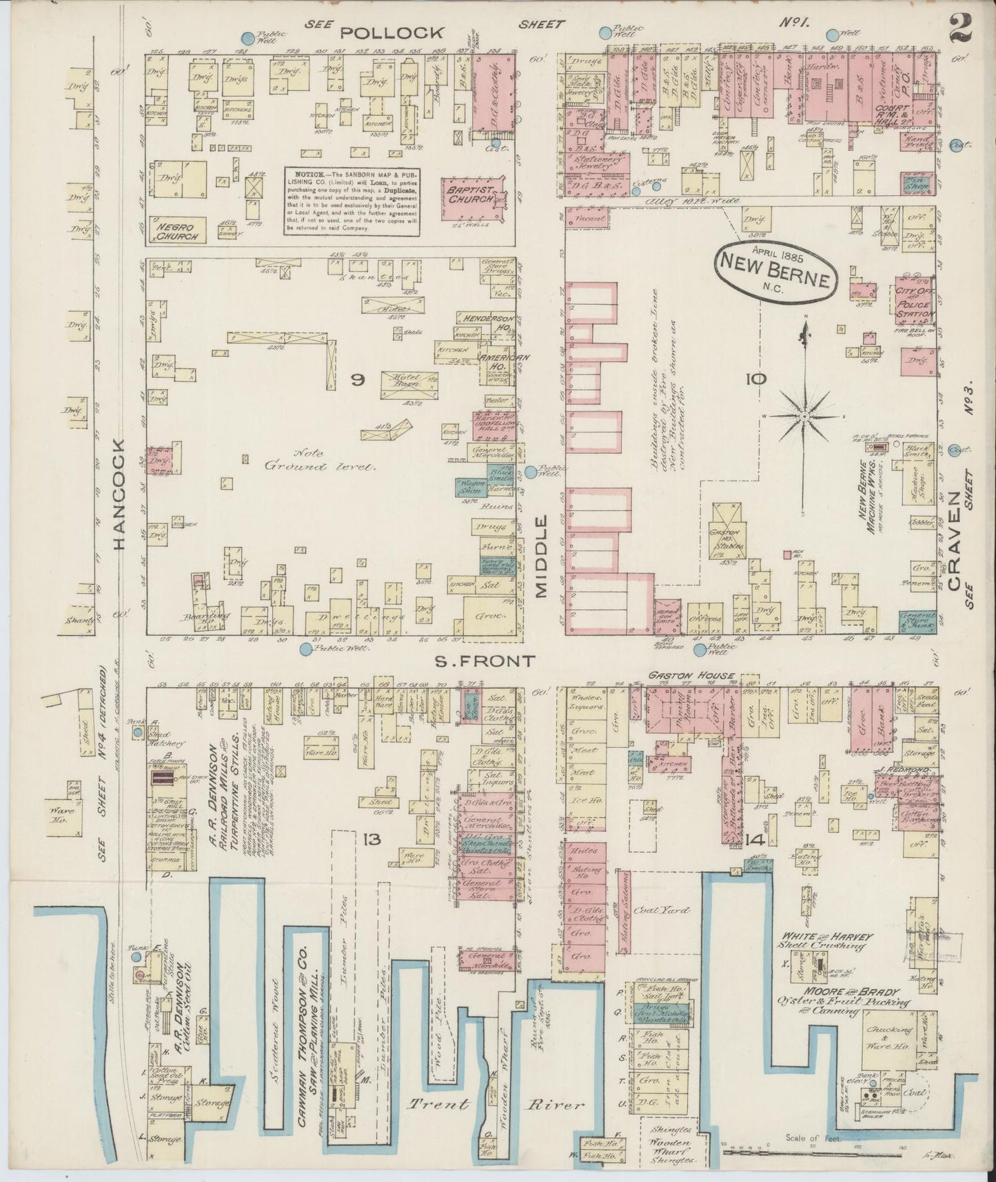 Sanborn Fire Insurance Map from New Bern, Craven County, North Carolina (1885), Sheet #0002 - Complete Map Set gallery image, historic Sanborn map, vintage wall art, North Carolina North Carolina