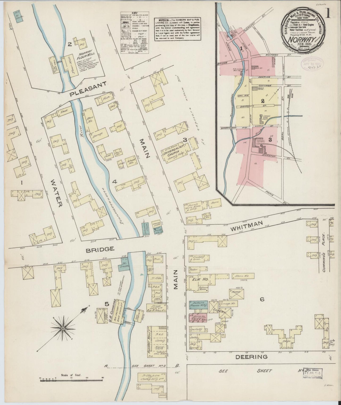 Sanborn Fire Insurance Map from Norway, Oxford County, Maine (1885), Sheet #0001 - Historic Sanborn Fire Insurance Map Print, vintage old map wall art, antique decor, genealogy gift, Maine Maine map