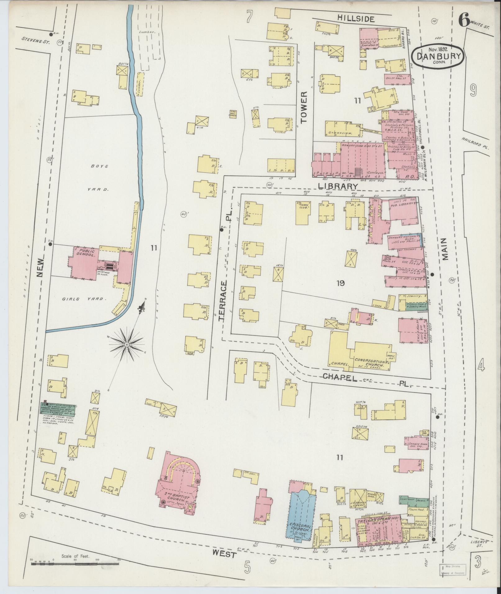 Sanborn Fire Insurance Map from Danbury, Fairfield County, Connecticut (1892), Sheet #0006 - Historic Sanborn Fire Insurance Map Print, vintage old map wall art, antique decor, genealogy gift, Connecticut Connecticut map