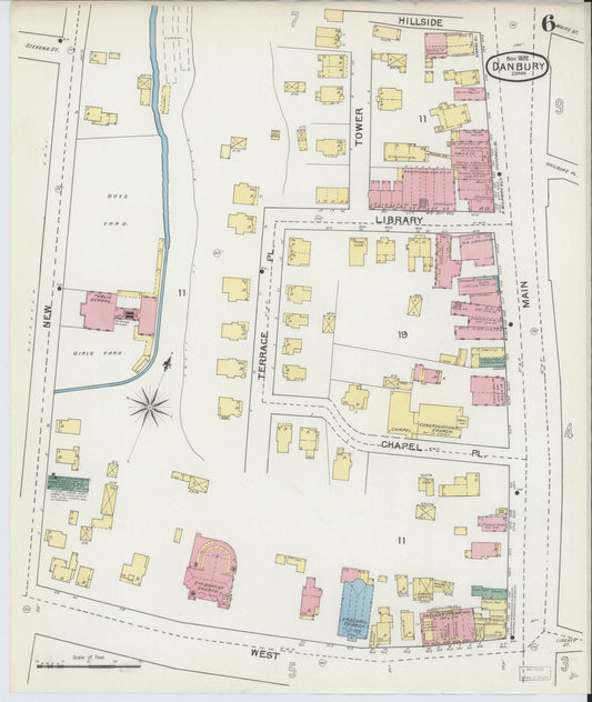 Sanborn Fire Insurance Map from Danbury, Fairfield County, Connecticut (1892), Sheet #0006 - Historic Sanborn Fire Insurance Map Print, vintage old map wall art, antique decor, genealogy gift, Connecticut Connecticut map