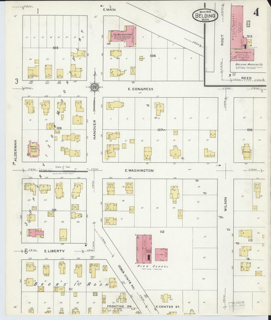 Sanborn Fire Insurance Map from Belding, Ionia County, Michigan (1918), Sheet #0004 - Historic Sanborn Fire Insurance Map Print, vintage old map wall art, antique decor, genealogy gift, Michigan Michigan map