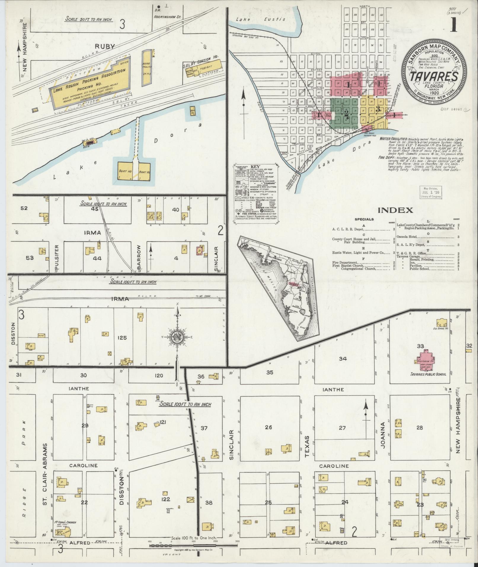 Sanborn Fire Insurance Map from Tavares, Lake County, Florida (1920), Sheet #0001 - Historic Sanborn Fire Insurance Map Print, vintage old map wall art, antique decor, genealogy gift, Florida Florida map