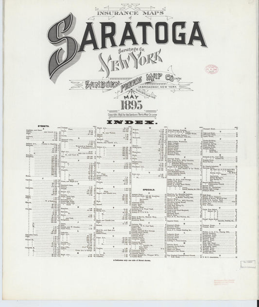 Sanborn Fire Insurance Map from Saratoga, Saratoga County, New York (1895), Sheet #0001 - Historic Sanborn Fire Insurance Map Print, vintage old map wall art, antique decor, genealogy gift, New York New York map