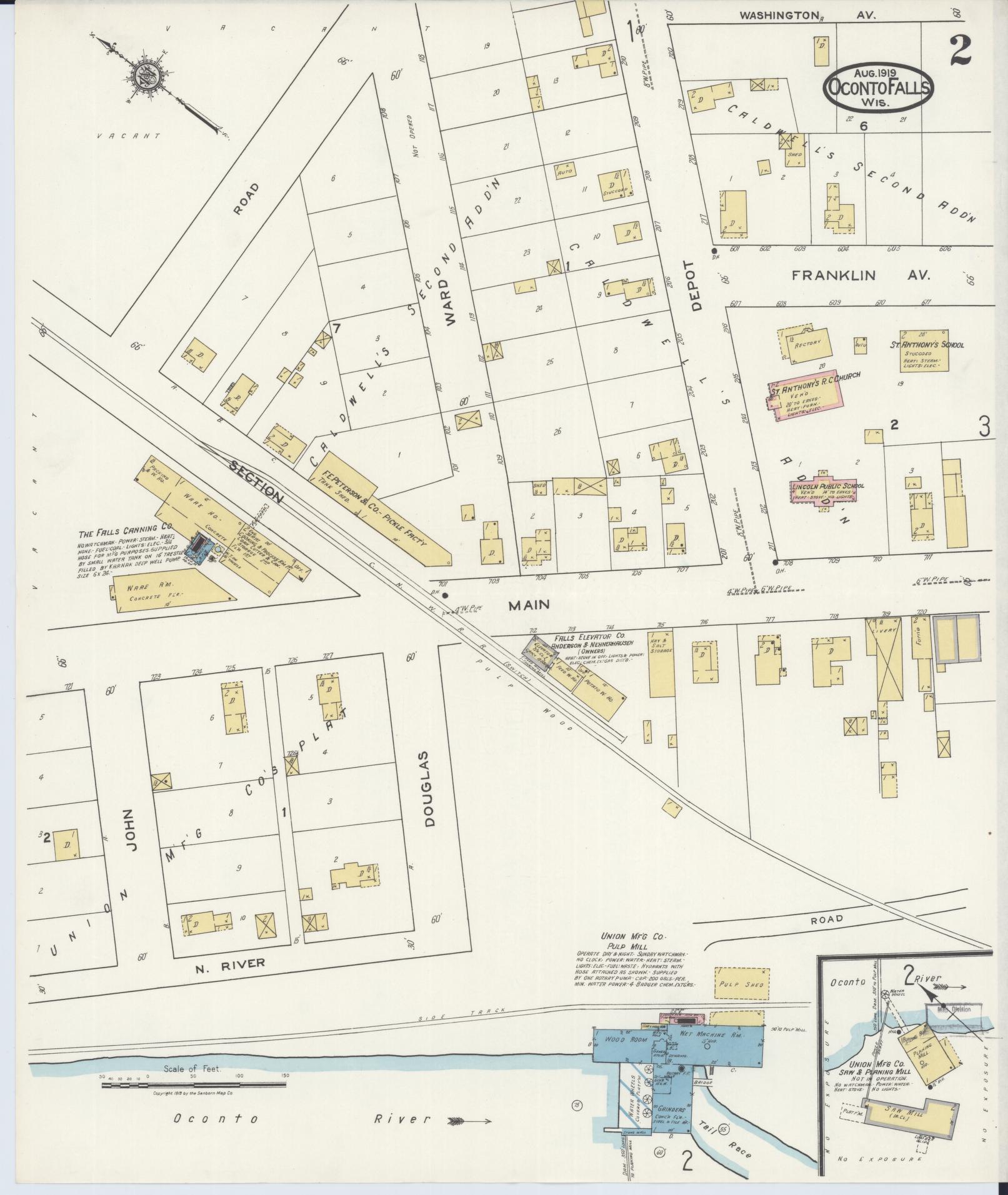 Sanborn Fire Insurance Map from Oconto Falls, Oconto County, Wisconsin (1919), Sheet #0002 - Complete Map Set gallery image, historic Sanborn map, vintage wall art, Wisconsin Wisconsin
