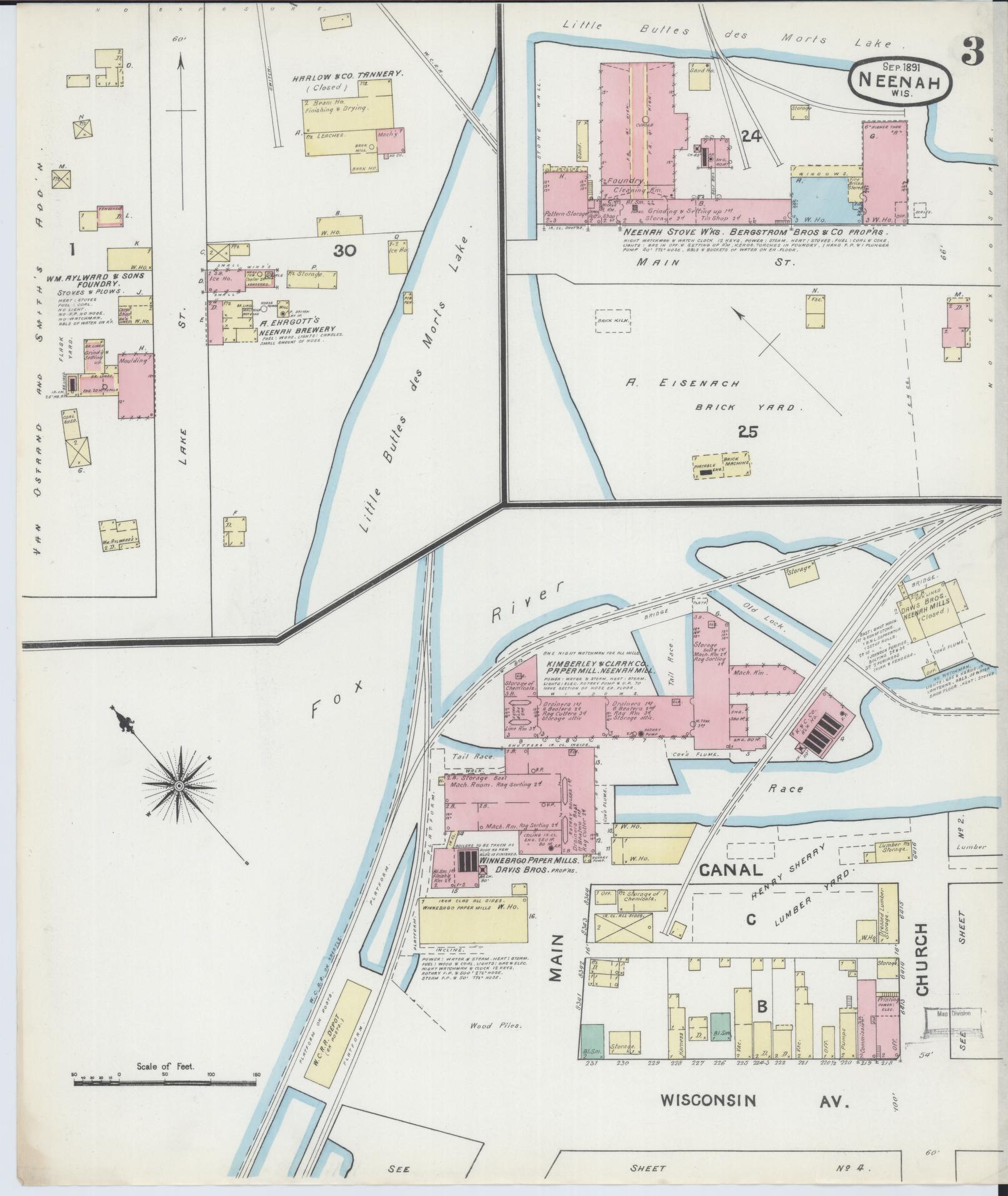Sanborn Fire Insurance Map from Neenah, Winnebago County, Wisconsin (1891), Sheet #0003 - Historic Sanborn Fire Insurance Map Print, vintage old map wall art, antique decor, genealogy gift, Wisconsin Wisconsin map