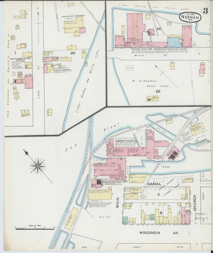 Sanborn Fire Insurance Map from Neenah, Winnebago County, Wisconsin (1891), Sheet #0003 - Historic Sanborn Fire Insurance Map Print, vintage old map wall art, antique decor, genealogy gift, Wisconsin Wisconsin map