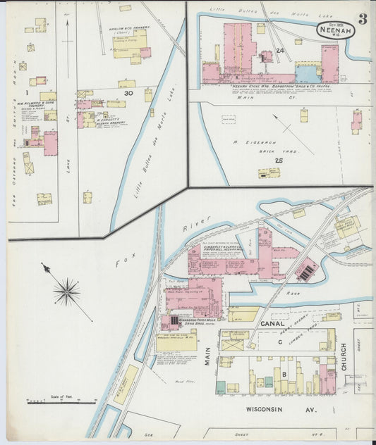 Sanborn Fire Insurance Map from Neenah, Winnebago County, Wisconsin (1891), Sheet #0003 - Historic Sanborn Fire Insurance Map Print, vintage old map wall art, antique decor, genealogy gift, Wisconsin Wisconsin map
