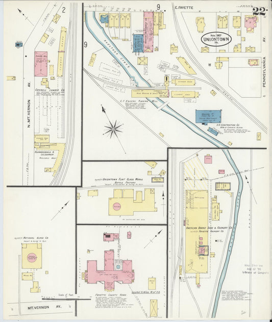 Sanborn Fire Insurance Map from Uniontown, Fayette County, Pennsylvania (1907), Sheet #0022 - Historic Sanborn Fire Insurance Map Print, vintage old map wall art, antique decor, genealogy gift, Pennsylvania Pennsylvania map