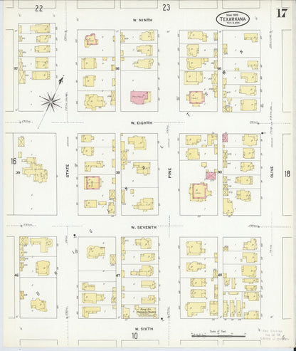 Sanborn Fire Insurance Map from Texarkana, Bowie County, Texas (1909), Sheet #0017 - Historic Sanborn Fire Insurance Map Print, vintage old map wall art, antique decor, genealogy gift, Texas Texas map