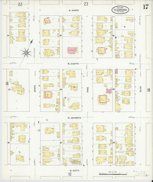 Sanborn Fire Insurance Map from Texarkana, Bowie County, Texas (1909), Sheet #0017 - Historic Sanborn Fire Insurance Map Print, vintage old map wall art, antique decor, genealogy gift, Texas Texas map