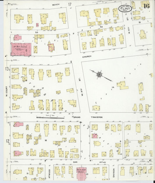 Sanborn Fire Insurance Map from Flint, Genesee County, Michigan (1909), Sheet #0016 - Historic Sanborn Fire Insurance Map Print, vintage old map wall art, antique decor, genealogy gift, Michigan Michigan map