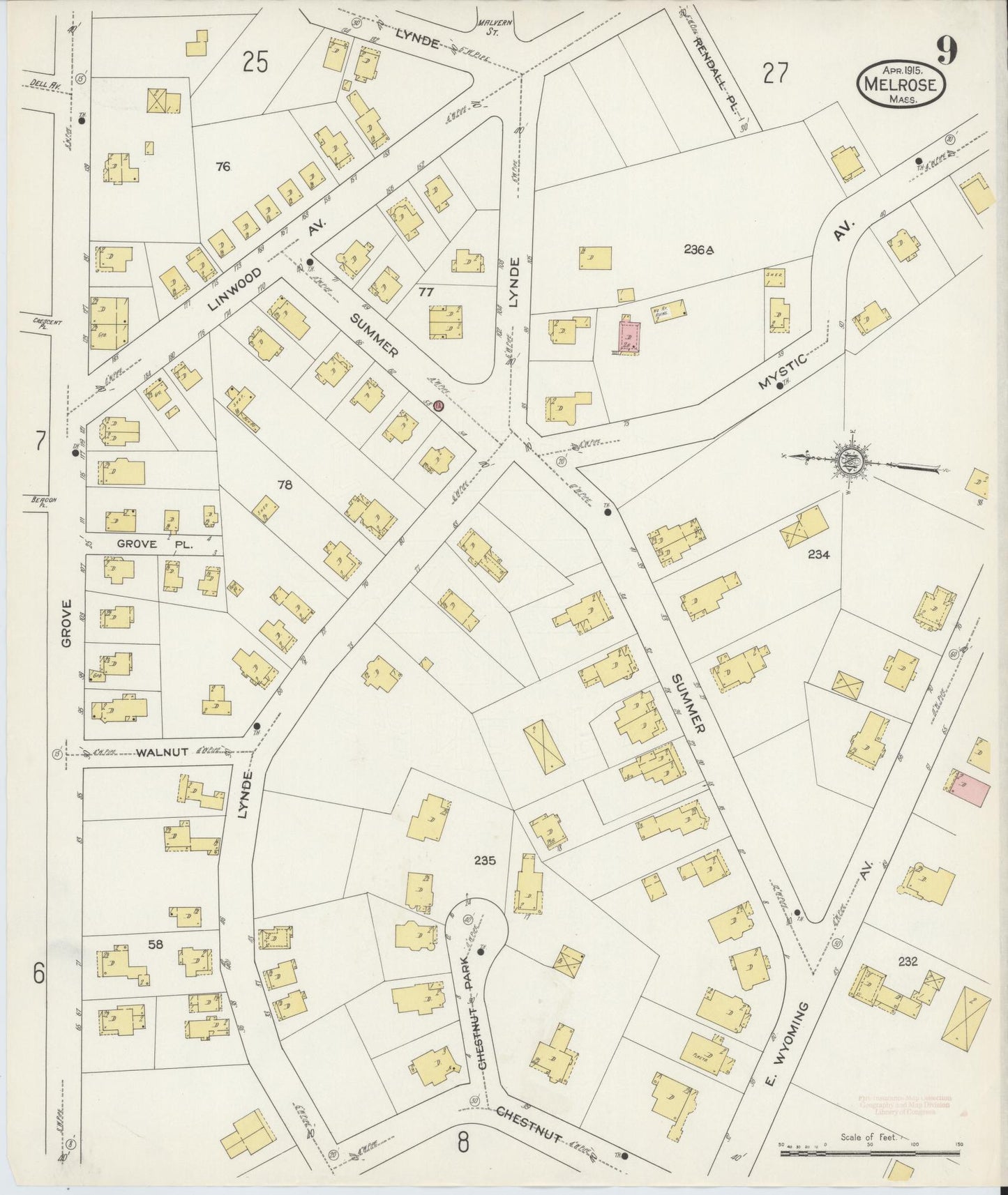 Sanborn Fire Insurance Map from Melrose, Middlesex County, Massachusetts (1915), Sheet #0009 - Historic Sanborn Fire Insurance Map Print, vintage old map wall art, antique decor, genealogy gift, Massachusetts Massachusetts map
