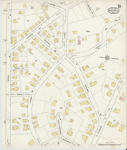 Sanborn Fire Insurance Map from Melrose, Middlesex County, Massachusetts (1915), Sheet #0009 - Historic Sanborn Fire Insurance Map Print, vintage old map wall art, antique decor, genealogy gift, Massachusetts Massachusetts map