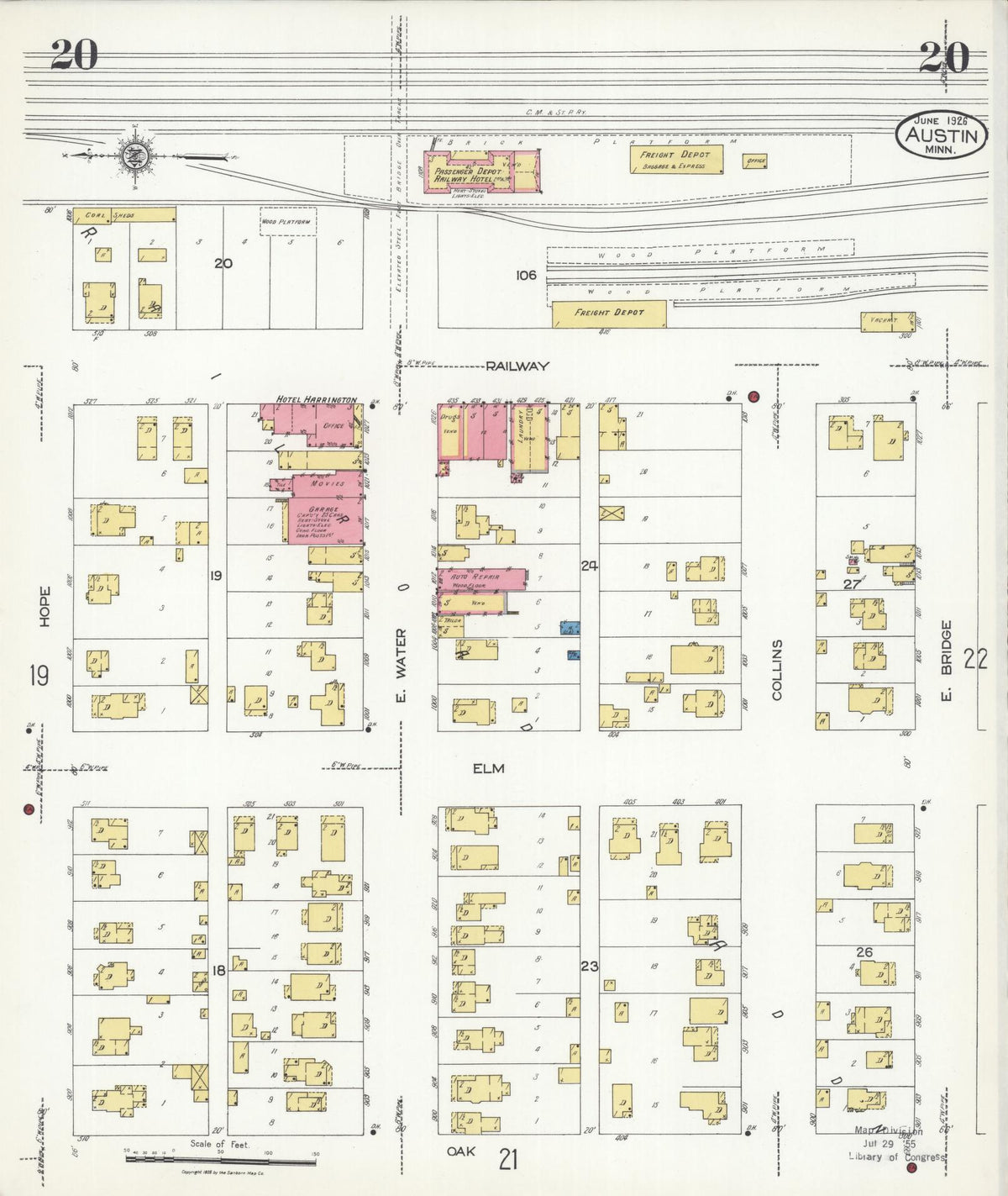Sanborn Fire Insurance Map from Austin, Mower County, Minnesota (1926), Sheet #0020 - Historic Sanborn Fire Insurance Map Print, vintage old map wall art, antique decor, genealogy gift, Minnesota Minnesota map