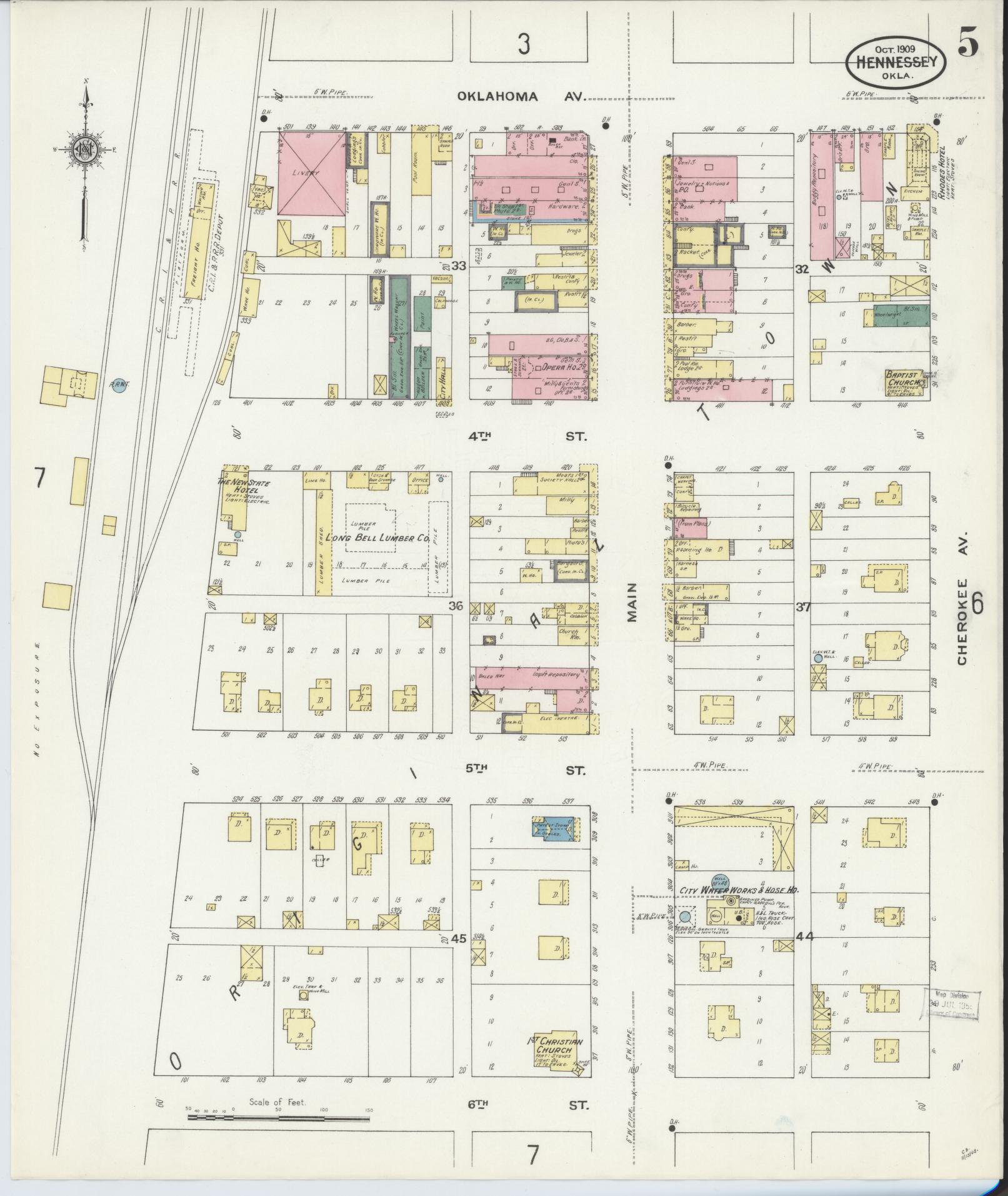 Sanborn Fire Insurance Map from Hennessey, Kingfisher County, Oklahoma (1909), Sheet #0005 - Historic Sanborn Fire Insurance Map Print, vintage old map wall art, antique decor, genealogy gift, Oklahoma Oklahoma map