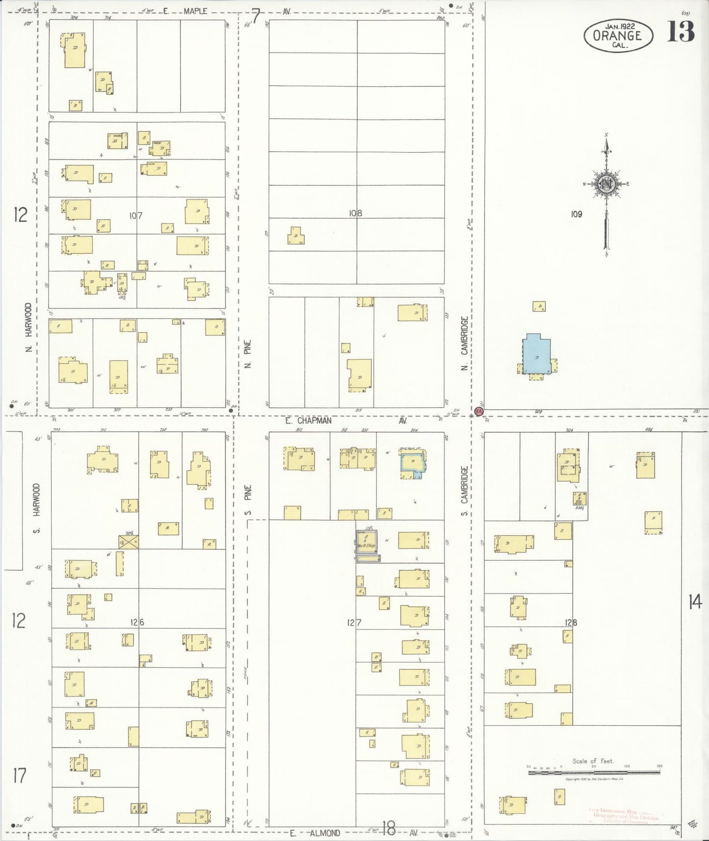 Sanborn Fire Insurance Map from Orange, Orange County, California (1922), Sheet #0013 - Complete Map Set gallery image, historic Sanborn map, vintage wall art, California California