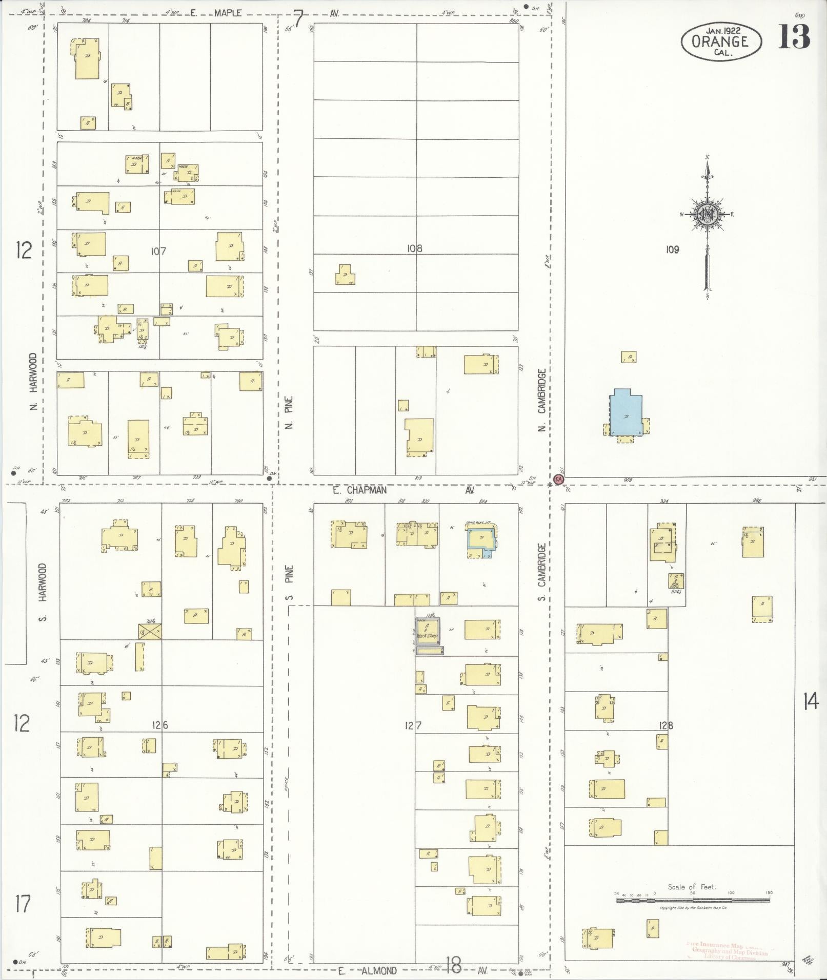 Sanborn Fire Insurance Map from Orange, Orange County, California (1922), Sheet #0013 - Complete Map Set gallery image, historic Sanborn map, vintage wall art, California California