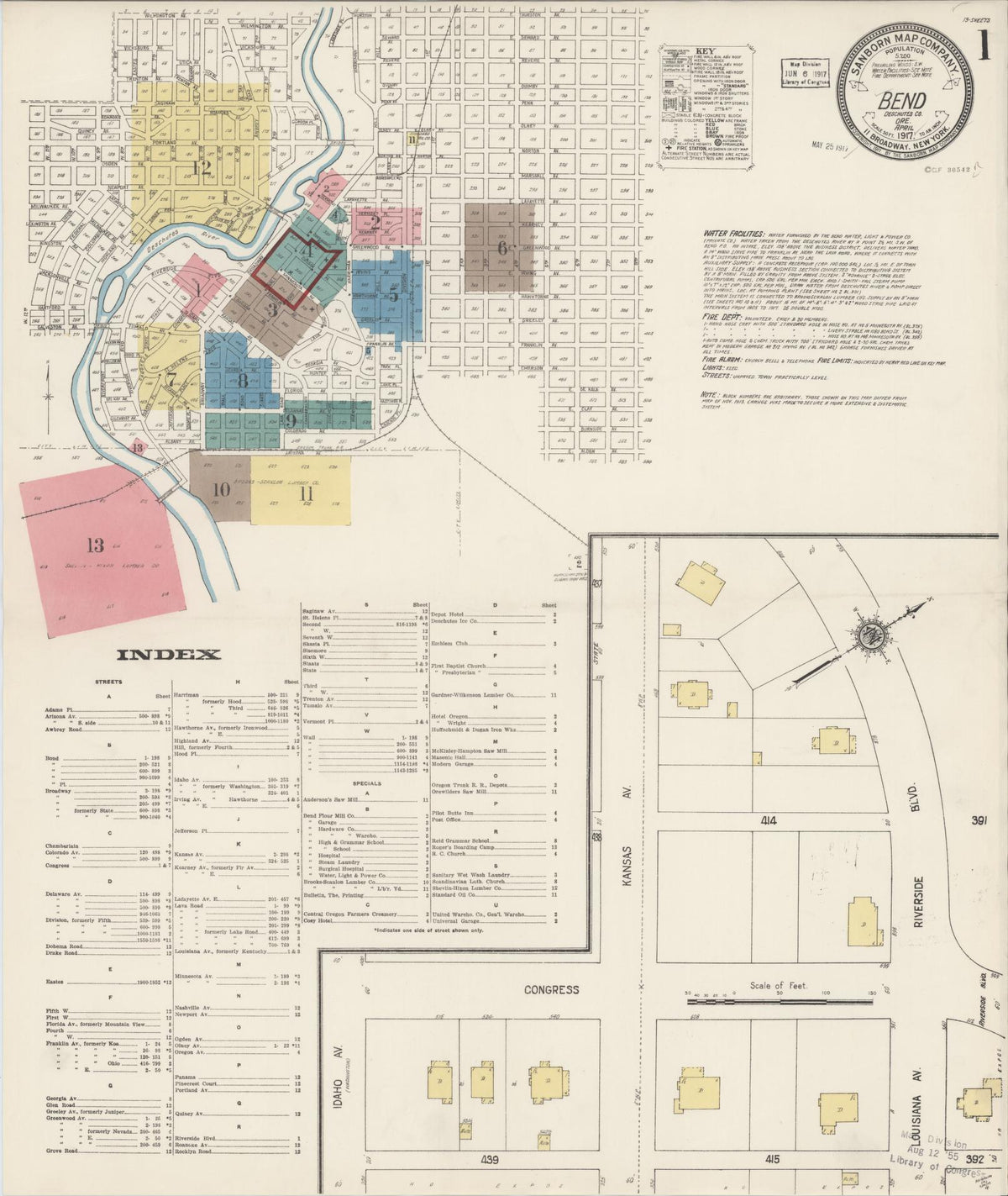 Sanborn Fire Insurance Map from Bend, Deschutes County, Oregon (1917), Sheet #0001 - Historic Sanborn Fire Insurance Map Print, vintage old map wall art, antique decor, genealogy gift, Oregon Oregon map