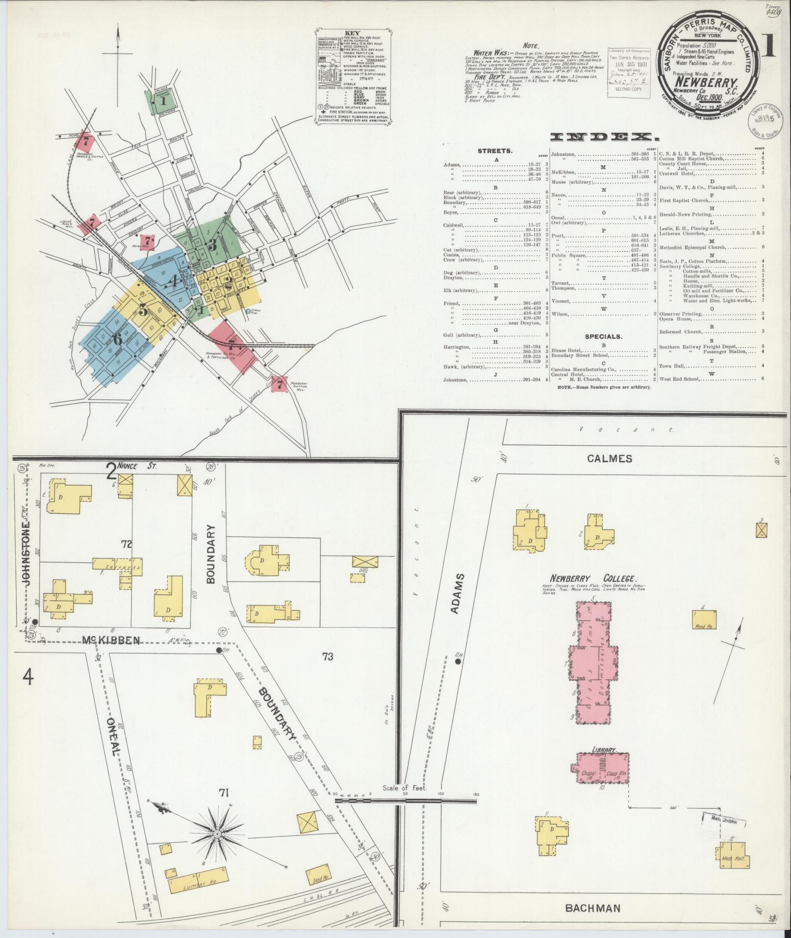 Sanborn Fire Insurance Map from Newberry, Newberry County, South Carolina (1900), Sheet #0001 - Historic Sanborn Fire Insurance Map Print, vintage old map wall art, antique decor, genealogy gift, South Carolina South Carolina map