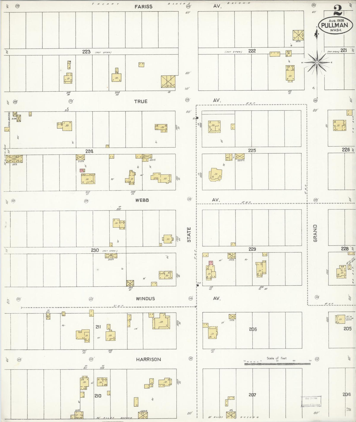 Sanborn Fire Insurance Map from Pullman, Whitman County, Washington (1908), Sheet #0002 - Historic Sanborn Fire Insurance Map Print, vintage old map wall art, antique decor, genealogy gift, Washington Washington map