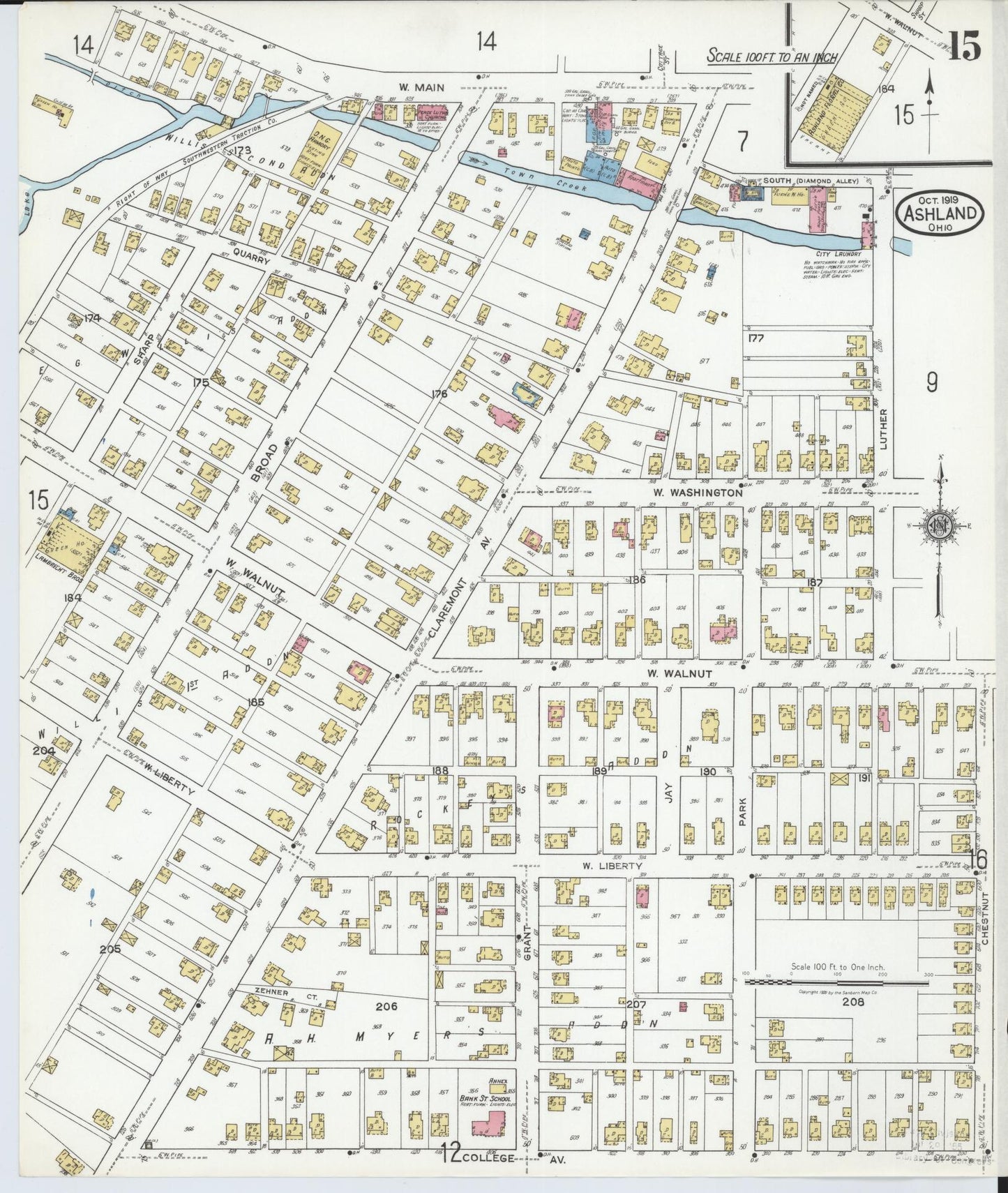 Sanborn Fire Insurance Map from Ashland, Ashland County, Ohio (1919), Sheet #0015 - Historic Sanborn Fire Insurance Map Print, vintage old map wall art, antique decor, genealogy gift, Ohio Ohio map