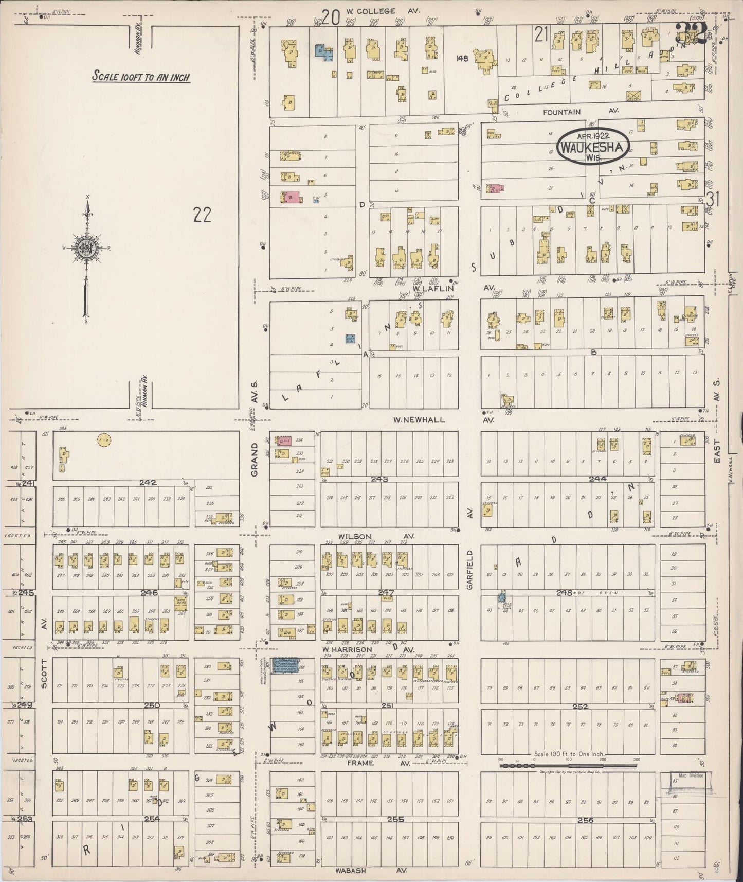 Sanborn Fire Insurance Map from Waukesha, Waukesha County, Wisconsin (1922), Sheet #0032 - Complete Map Set gallery image, historic Sanborn map, vintage wall art, Wisconsin Wisconsin